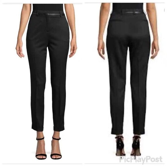 The Kooples Women's High Waist Leather Trim Stretch Wool Black Trousers Sz 34 - Picture 1 of 10